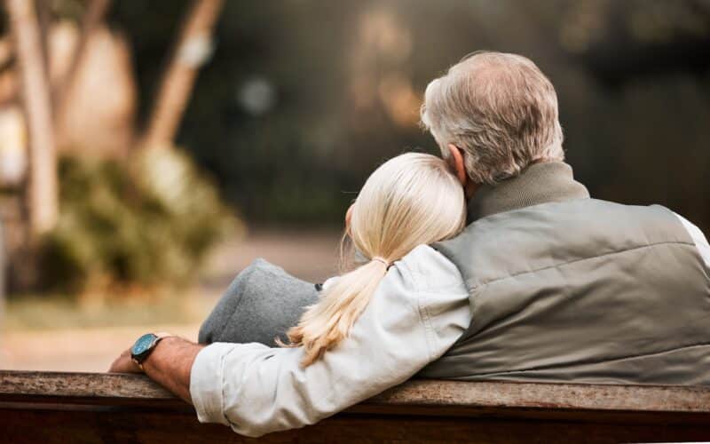 Park,Bench,,Back,And,Relax,Couple,Bonding,,Care,And,Cuddle